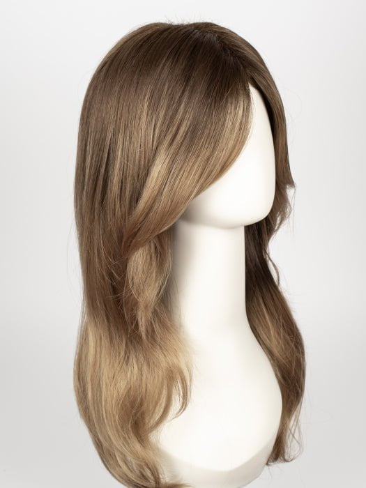 MACADAMIA-LR | The root is soft brown color that melts into a beige blonde color.