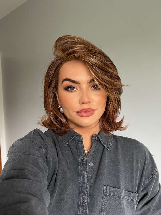 Olivia McVeigh @oliviamcveigh_ wearing UPSTAGE by RAQUEL WELCH WIGS in color RL31/29 FIERY COPPER | Medium Light Auburn Evenly Blended with Ginger Blonde