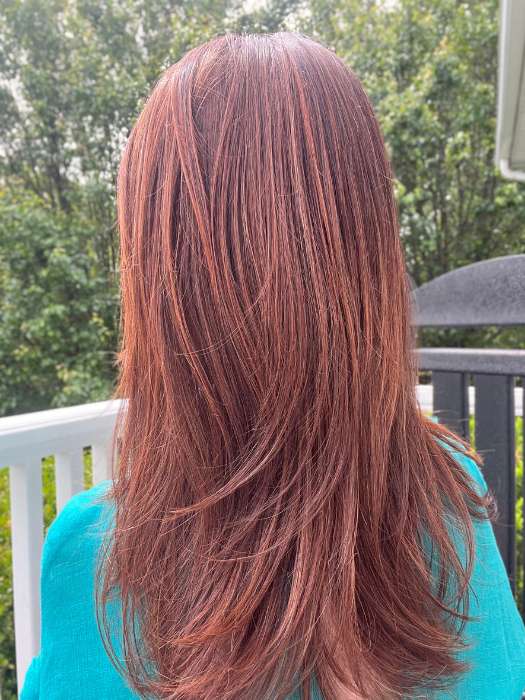 Sandy H. @i_be_wiggin wearing MUSIC by ELLEN WILLE in color CINNAMON BROWN ROOTED 33.30.6 | Dark Auburn, Light Auburn and Dark Brown Blend with Shaded Roots | outdoor lighting