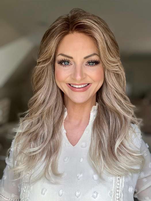 Sandy @i_be_wiggin wearing LYNDON by RENE OF PARIS in color MELTED-MARSHMALLOW | Subtly Warm Dark Sandy Blonde Blend with Medium Brown Roots and Light Ash Blonde Tips and Highlights