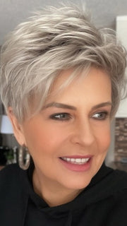 Donna @style.me.ageless wearing SPRING HI by ELLEN WILLE in color PLATINUM BLONDE ROOTED | Pearl Platinum, Light Golden Blonde, and Pure White Blend