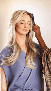 EXCLUSIVE COLOR ARABIAN SAND™ | Neutral Chocolate Brown Roots fade into a Neutral Blonde Base, blended with Sandy, Chestnut, Golden, and Honey Blondes, with Soft Creamy Blonde Highlights and Face-Framing Lowlights