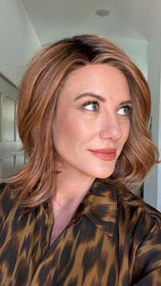 Jenny B @thewiggygirl wearing LOVE ALWAYS, RAQUEL by RAQUEL WELCH in RL29/33SS ICED PUMPKIN SPICE | Strawberry Blonde Shaded with Dark Red-Brown