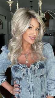 Jenna Fail @jenna_fail wearing STROKE OF GENIUS by RAQUEL WELCH WIGS in color RL19/23SS SHADED BISCUIT | Light Ash Blonde Evenly Blended with Cool Platinum Blonde with Dark Roots
