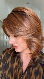 Jenny B @thewiggygirl wearing LOVE ALWAYS, RAQUEL by RAQUEL WELCH in RL29/33SS ICED PUMPKIN SPICE | Strawberry Blonde Shaded with Dark Red-Brown