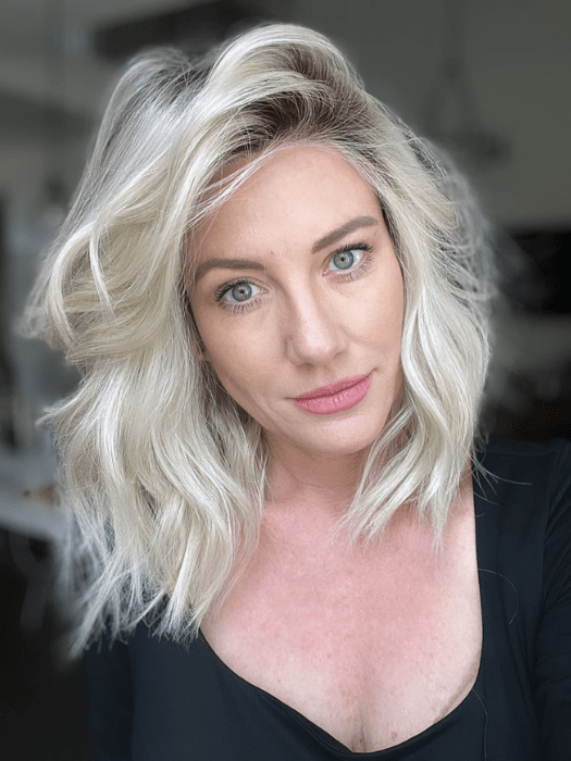 Jenny B. @thewiggygirl wearing BIG SPENDER by RAQUEL WELCH WIGS in color RL16/22SS SHADED ICED SWEET CREAM | Pale Blonde with Slight Platinum Highlighting with Dark Roots