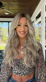 Jenna Fail @jenna_fail wearing PERFECT BLEND by BELLETRESS in color ROOTBEER FLOAT BLONDE | A Blend of Light Pearl Blonde, Ash Blonde, Beige Blonde, Champagne Blonde, and Platinum Blonde with a Light and Medium Brown Root