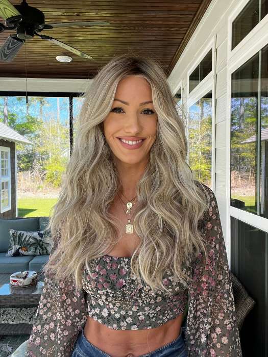 Jenna Fail @jenna_fail wearing PERFECT BLEND by BELLETRESS in color ROOTBEER FLOAT BLONDE | A Blend of Light Pearl Blonde, Ash Blonde, Beige Blonde, Champagne Blonde, and Platinum Blonde with a Light and Medium Brown Root