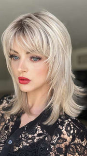 Sandy @i_be_wiggin wearing KARI by ENVY BY ALAN EATON in color PLATINUM SHADOW | Light Blonde with Dark Roots
