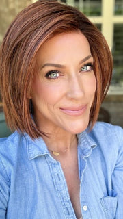 Kristyna Moore @kristynamoore wearing LIA II by ELLEN WILLE in color CINNAMON BROWN ROOTED 33.30.130 | Dark Auburn, Light Auburn and Deep Copper Brown with Dark Shaded Roots