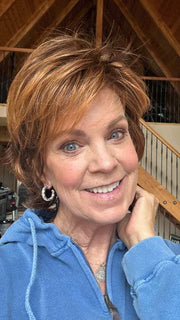 Susan Sparks @sparkles_intheworld is wearing TREND SETTER by RAQUEL WELCH in color R3329S+ GLAZED AUBURN | Rich Dark Auburn with Pale Ginger Blonde Highlights