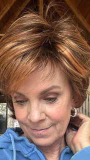 Susan Sparks @sparkles_intheworld is wearing TREND SETTER by RAQUEL WELCH in color R3329S+ GLAZED AUBURN | Rich Dark Auburn with Pale Ginger Blonde Highlights