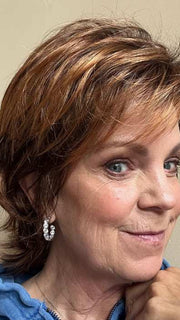 Susan Sparks @sparkles_intheworld is wearing TREND SETTER by RAQUEL WELCH in color R3329S+ GLAZED AUBURN | Rich Dark Auburn with Pale Ginger Blonde Highlights