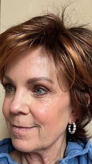 Susan Sparks @sparkles_intheworld is wearing TREND SETTER by RAQUEL WELCH in color R3329S+ GLAZED AUBURN | Rich Dark Auburn with Pale Ginger Blonde Highlights