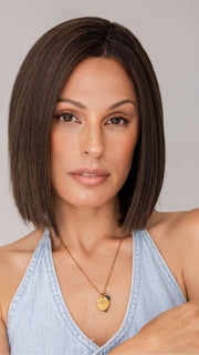 Roxie is wearing LIA ll by ELLEN WILLE in COFFEE BROWN ROOTED 6.8.4 | Dark Brown, Medium Brown and Darkest Brown with Dark Shaded Roots