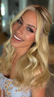 Roxie wearing DIVA by ELLEN WILLE (Styled) in SAHARA-BEIGE-ROOTED 26.20.25 | Light Golden Blonde, Light Strawberry Blonde, and Lightest Golden Blonde blend with Dark Shaded Roots