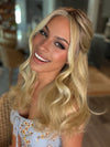 Roxie wearing DIVA by ELLEN WILLE (Styled) in SAHARA-BEIGE-ROOTED 26.20.25 | Light Golden Blonde, Light Strawberry Blonde, and Lightest Golden Blonde blend with Dark Shaded Roots