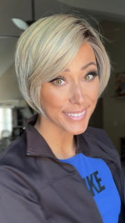 Nichole wearing ALETTA by ELLEN WILLE in IVORY-BLONDE-SHADED 101.16.14 | Medium Ash Blonde and Medium Blonde blend with Pearl Platinum and Shaded Roots