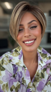 Roxie is wearing POSH PREMIERE by RAQUEL WELCH in RL12/22SS SHADED CAPPUCCINO | Light Golden Brown Evenly Blended with Cool Platinum Blonde Highlights with Dark Roots