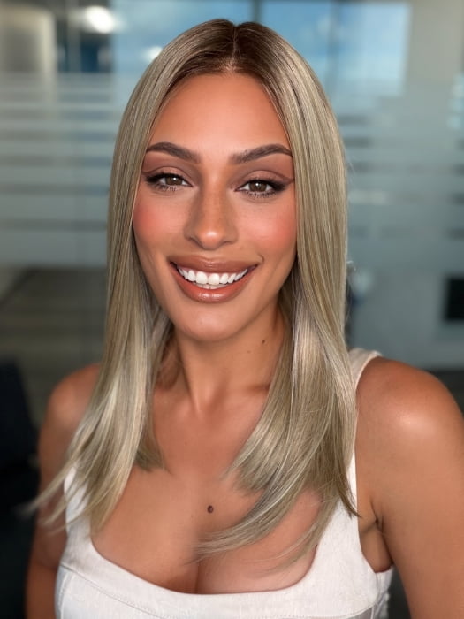 Roxie wearing SLONE by RENE OF PARIS in BUTTERCREAM BLONDE R | Light Ash Blonde, Medium Honey Blonde, and Pale Gold Hues blended