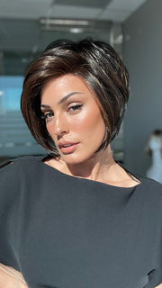 ROXIE wearing IGNITE by JON RENAU in 1BRH30 DARK CHOCOLATE CHERRY GANACHE | Soft Black with 33% Gold-Red Highlights