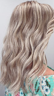Kim Hammon @letstalkwithkim wearing DECADENT DIVA by RAQUEL WELCH in color SS17/23 ICED LATTE MACCHIATO | Honey Blonde shaded with Cool Blonde with Dark Roots