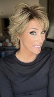 Nichole wearing AWARD DELUXE by ELLEN WILLE in SANDY BLONDE ROOTED | Medium Honey Blonde, Light Ash Blonde, and Lightest Reddish Brown blend with Dark Roots