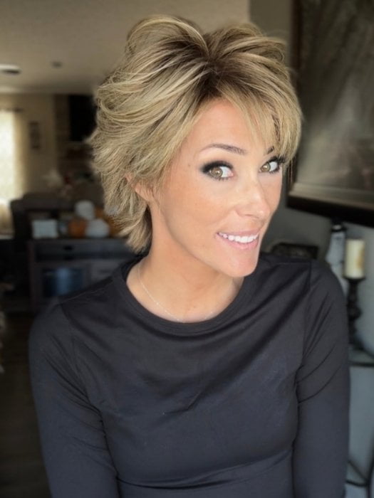 Nichole wearing AWARD DELUXE by ELLEN WILLE in SANDY BLONDE ROOTED | Medium Honey Blonde, Light Ash Blonde, and Lightest Reddish Brown blend with Dark Roots