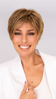 Model is wearing SHARI by ENVY in color 24/18 FROSTED | Light Brown with Wheat Blonde blended highlights
