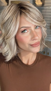 Madeline wearing AUSTEN by BELLETRESS in BUTTERBEER R | Dark Brown Base and Root that transitions smoothly into a buttery blonde, infused with creamy honey and toffee tones