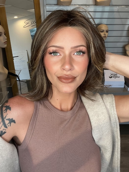 Madeline wearing FERRARI by BELLETRESS in CHOCOLATE BUTTERCREAM R | Medium and Dark Brown Rooted with a Blend of Medium Brown and Dark Blonde