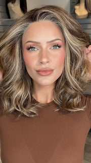 Madeline wearing ANNA by BELLETRESS in BROWN-SUGAR-COOKIE-R | The Roots are a Rich Brown Tone that seamlessly transitions into a Warm Golden Brown