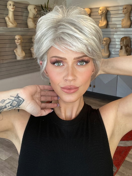 Madeline wearing SPARKLE by RAQUEL WELCH in R56/60 SILVER MIST | Lightest Gray with 20% Medium Brown Evenly Blended with Pure White