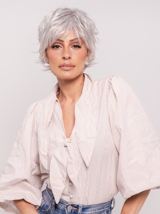 Roxie wearing VOLTAGE by RAQUEL WELCH in R56/60 SILVER MIST | Lightest Grey Evenly Blended with Pure White