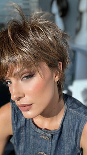 Roxie is wearing CHAT by ELLEN WILLE in color GF6-30 COPPER MAHOGANY | Medium Brown Evenly Blended with Medium Auburn