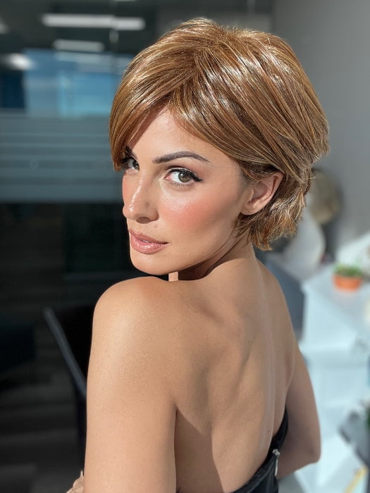 ROXIE wearing WHIRL by GABOR in MEDIUM RED | Medium Reddish Brown with Subtle Copper Highlights