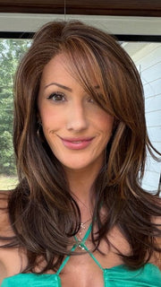 Jenna Fail wearing BEVERLY HILLS by BELLETRESS in MOCHA MAPLE BROWN | A mix of Dark Brown, Medium Brown, Light Auburn, Medium Strawberry