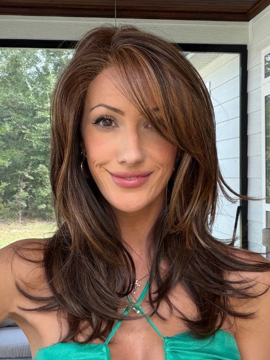 Jenna Fail wearing BEVERLY HILLS by BELLETRESS in MOCHA MAPLE BROWN | A mix of Dark Brown, Medium Brown, Light Auburn, Medium Strawberry