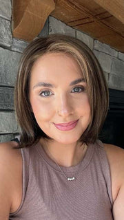 Danielle @wighair_dontcare wearing CAMERON LITE PETITE by JON RENAU in 8RH14 MOUSSE CAKE | Medium Brown with 33% Medium Natural Blonde Highlights