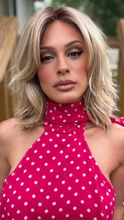 Roxie wearing MODENA by BELLETRESS in RAW SUGAR BLONDE | A Neutral Light Blonde, Honey Blonde, Pale Gold Blonde, with a base of Light Brown Lowlights featuring a Medium Root Color