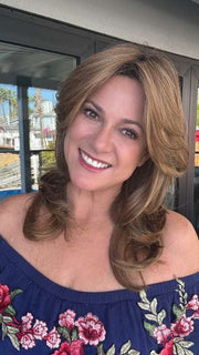 Susan Cooke @wigs_with_wisdom wearing VOICE by ELLEN WILLE in color LIGHT BERNSTEIN ROOTED 8.27.26 | Medium Brown, Dark Strawberry Blonde, and Light Golden Blonde Blend with Shaded Roots
