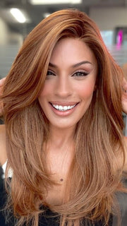 Roxie is wearing STELLA by BelleTress in color PUMPKIN PIE SPICE | A combination of Strawberry, Medium and Light Copper Red, Highlighted with Light Blond and Rooted with Medium Brown