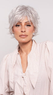 Roxie wearing VOLTAGE LARGE by RAQUEL WELCH in R56/60 SILVER MIST | Lightest Grey Evenly Blended with Pure White