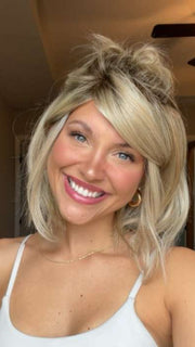 Chloe Beau @chloebeaushannon wearing UPSTAGE LARGE by RAQUEL WELCH WIGS in color RL19/23SS SHADED BISCUIT | Light Ash Blonde Evenly Blended with Cool Platinum Blonde with Dark Roots | styled