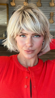 Madeline wearing TOLEDO by BELLETRESS in CRUSHED ALMOND BLONDE R | A soft Neutral Light Blonde with a Light and Medium Blended Root Color.
