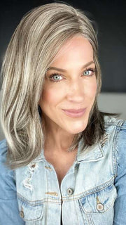 Kristyna @kristynamoore wearing CAMERON LITE PETITE by JON RENAU in color 39F38 ROASTED CHESTNUT | Light Natural Ash Brown with 75% Grey Front, graduating to Medium Brown with 35% Grey Nape