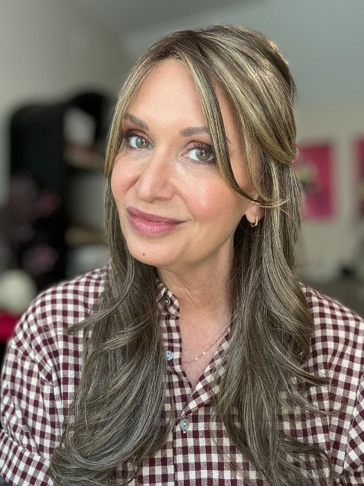 Emily H. weaing LILLY by BELLETRESS in CAPPUCINO LATTE R | A Deep Brunette with blonde and red highlights throughout 