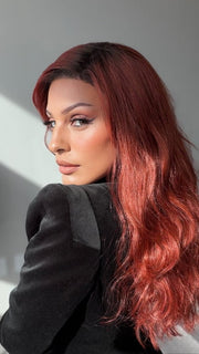 Roxie Wearing BROOKLYN by RENE OF PARIS in HENNA-RED-R | Bright and Vibrant Red with Cherry Undertones, Rooted with Rich Coffee Bean Brown