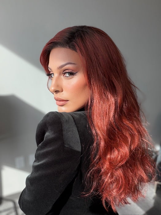 Roxie Wearing BROOKLYN by RENE OF PARIS in HENNA-RED-R | Bright and Vibrant Red with Cherry Undertones, Rooted with Rich Coffee Bean Brown