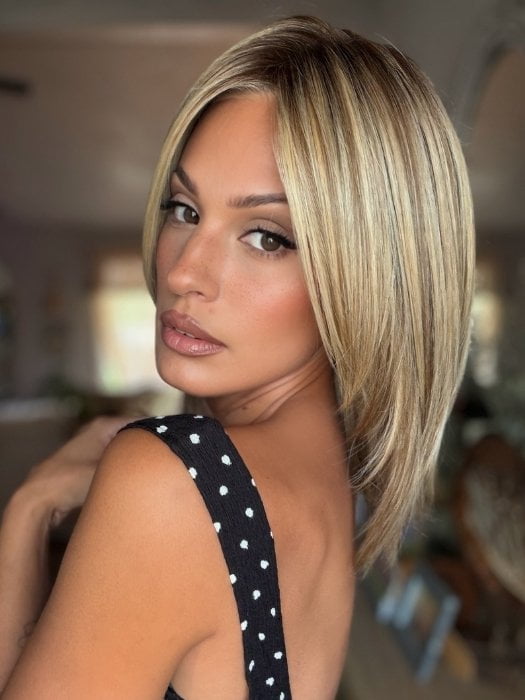 Roxie is wearing SLOANE by JON RENAU in 12FS8 SHADED PRALINE | Light Gold Brown, Light Natural Gold Blonde & Pale Natural Gold-Blonde Blend, Shaded with Medium Brown